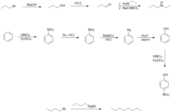 nos Molt NaOH on see, no e PCC 1. H2N s por 2. NaCNBH3 NO2 NH2 Sn, HCI HNO3 H2SO4 NaNO2 HCI H20 warm HNO3 H2SO4 NO2 MgBr VB