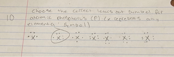 Choose atomic elementa the correct leais oct Sunbal for phosphorus (C) (x represents any Symbol) OX:) .x. :X: .X: X: :X: