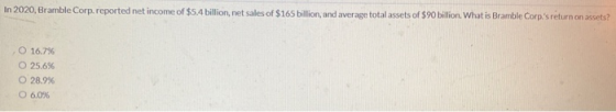 In 2020, Bramble Corp.reported net income of $5.4 billion, net sales of $165 billion, and average total assets of $90 billion
