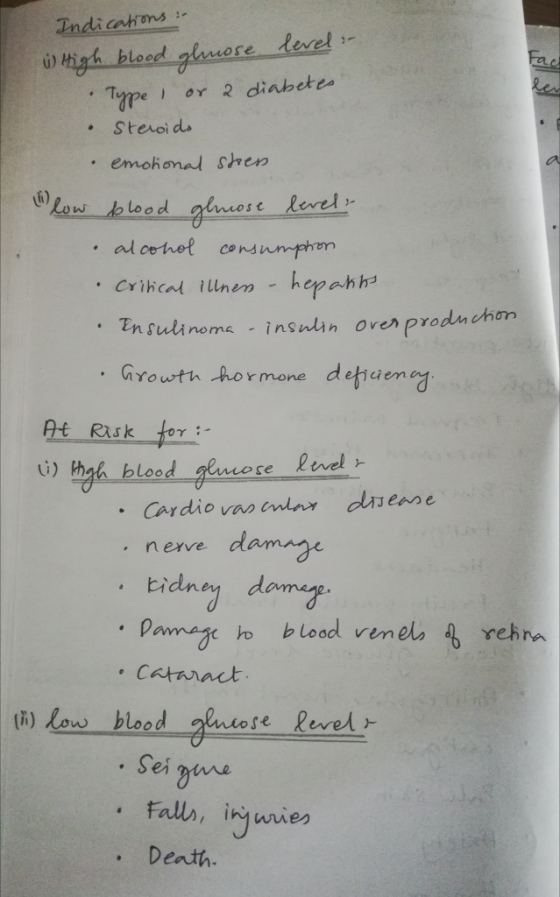 Indications - High blood ghmose level Type I or a diabetes tac Steroids • emotional stress low blood glucose level: alcohol c
