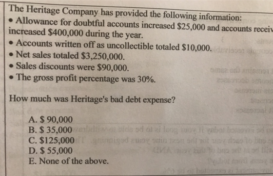 The Heritage Company has provided the following information: • Allowance for doubtful accounts increased $25,000 and accounts