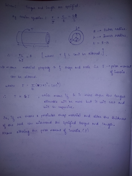 Given: Torque and length are specified. By torsion equation: I = = = = I J RL R de outer radius. Inner radius, t = R-k can