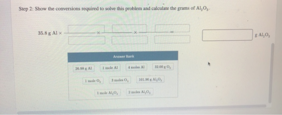 Step 2: Show the conversions required to solve this problem and calculate the grams of A1,0,. 35.8 g Al X g A1,0, Answer Bank