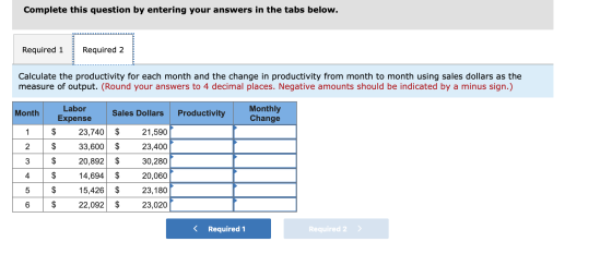 Complete this question by entering your answers in the tabs below. Required 1 Required 2 Calculate the productivity for each