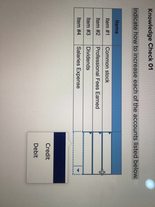 Knowledge Check 01 Indicate how to increase each of the accounts listed below. Items Item #1 Common stock + Item #2 Professio