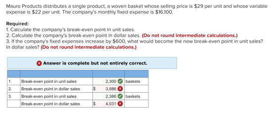 Mauro Products distributes a single product, a woven basket whose selling price is $29 per unit and whose variable expense is