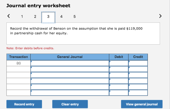 Journal entry worksheet < 1 2 4 5 Record the withdrawal of Benson on the assumption that she is paid $119,000 in partnership