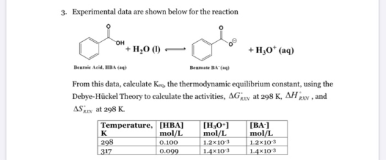 3. Experimental data are shown below for the reaction Y O +H,O (1) - + Hz0+ (aq) Benzoic Acid, HBA (aq) Benzoate BA (aq) From