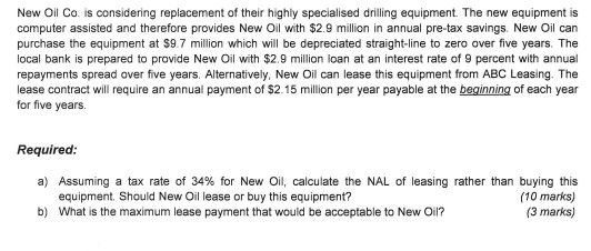 New Oil Co. is considering replacement of their highly specialised drilling equipment. The new equipment is computer assisted