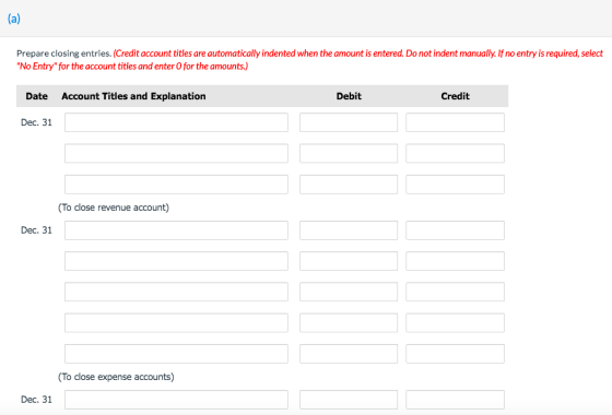 (a) Prepare closing entries. (Credit account titles are automatically indented when the amount is entered. Do not indent manu
