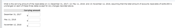What is the carrying amount of the receivables on (1) December 31, 2017; (2) May 11, 2018; and (3) November 12, 2018, assumin