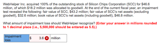 WebHelper Inc. acquired 100% of the outstanding stock of Silicon Chips Corporation (SCC) for $46.6 million, of which $18.2 million was allocated to goodwill. At the end of the current fiscal year, an impairment test revealed the following: fair value of SCC, $43.2 million; fair value of SCCs net assets (excluding goodwill), S32.6 million; book value of SCCs net assets (including goodwill), $46.8 million. What amount of impairment loss should WebHelper recognize? (Enter your answer in millions rounded to 1 decimal place (i.e., 5,500,000 should be entered as 5.5).) Impairment $3.6x million loss