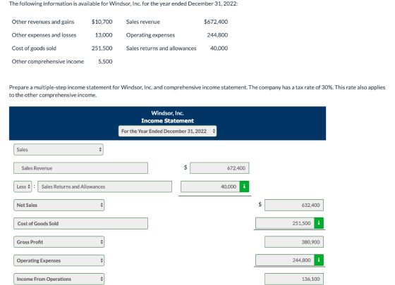 The following information is available for Windsor, Inc. for the year ended December 31, 2022: Other revenues and gains $10,7