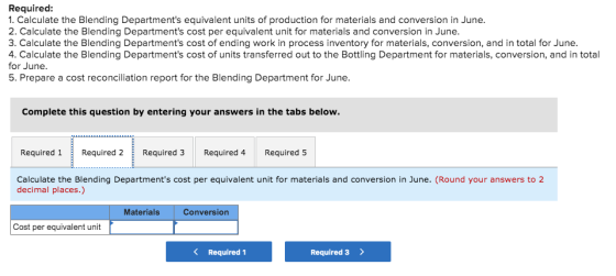 Required: 1. Calculate the Blending Departments equivalent units of production for materials and conversion in June. 2. Calc
