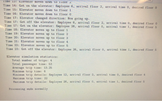 TIme 13: Eievator moves aown to I10or 2 Time 14: Got on the elevator: Employee 6, arrival floor 2, arrival time 0, desired fl