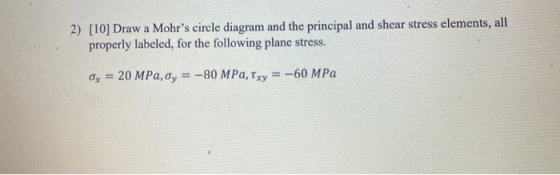 2) [10] Draw a Mohrs circle diagram and the principal and shear stress elements, all properly labeled, for the following pla