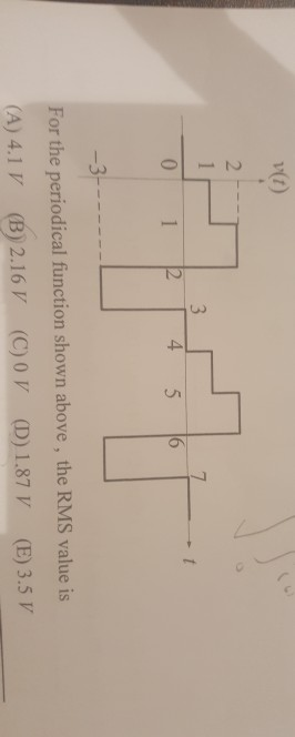 v(t) 7 4 5 6 3- For the periodical function shown above , the RMS value is (A)4.1V (B) 2.16V (C)OV (D) 1.87 V (E) 3.5 V