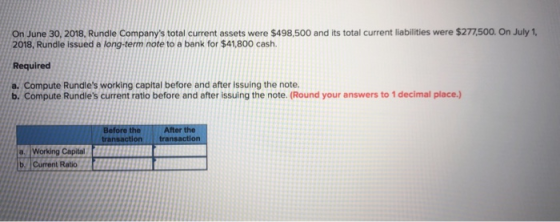 On June 30, 2018, Rundle Companys total current assets were $498,500 and its total current liabilities were $277,500. On Jul