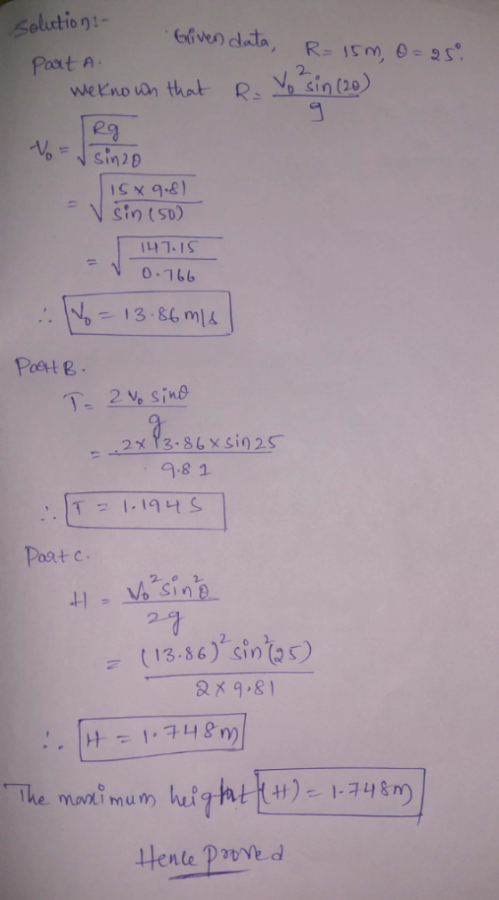 Keluction:- Paxt A .enwendata. R=15m.0-25®. 2 wekno ian that R sin ( ea 따7.IS NO-166 Pote Vo sine 9.8 1 Poot c 2- 13-86) ins)
