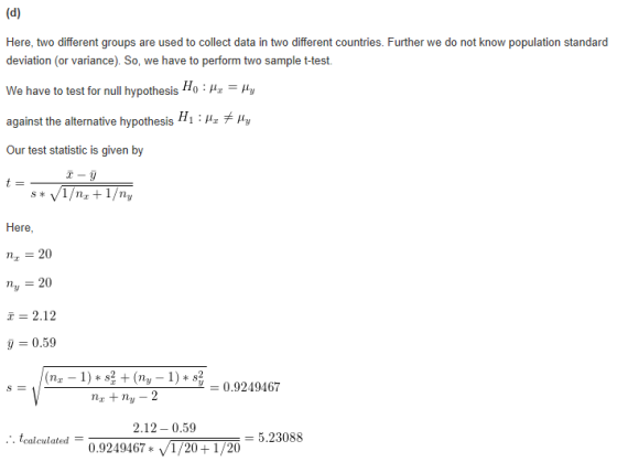 (d) Here, two different groups are used to collect data in two different countries. Further we do not know population standar