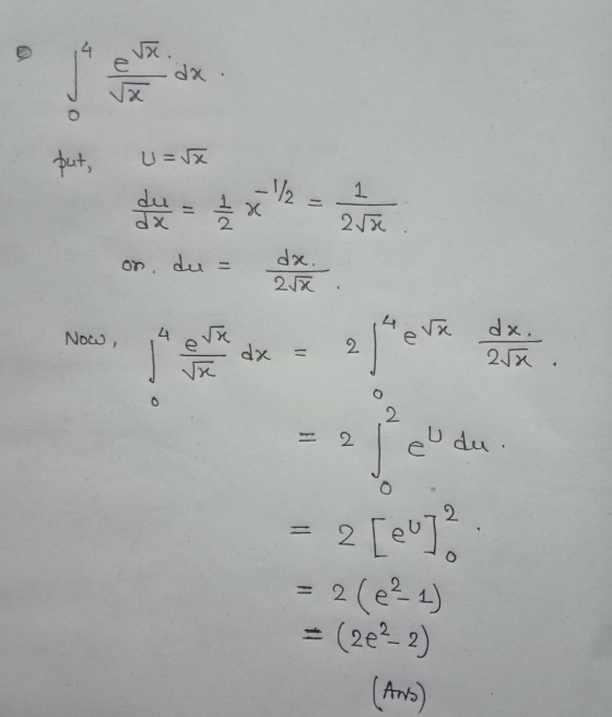 da. lx put, U=√x -1/2 du da 1 255 on du = da, 217 va Now, da 2 da. arx. 2 U du. 2 [eu]. = 2(6²1) - (222) A.