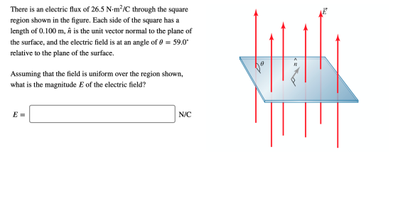 Ē There is an electric flux of 26.5 N·m²/C through the square region shown in the figure. Each side of the square has a lengt