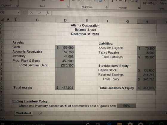 70 7 .00 70 Formatting Table Clipboard & Font Alignment Number Styles 55 X for ✓ co A B F G H D E Atlanta Corporation Balance