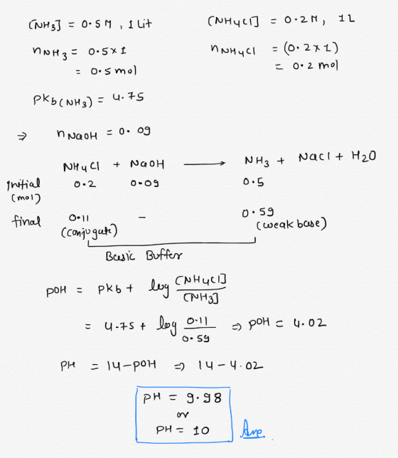CNH4C O 2N, 11 = 0. S M, i Lit = (o. 2x 1) o. 2 mol O 5xf o.smo) PKb(NHs) : 4.75 0. 09 HON U Naci H20 NH3 NGOH NHy CI O 5 1ni
