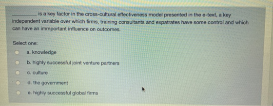 is a key factor in the cross-cultural effectiveness model presented in the e-text, a key independent variable over which firm