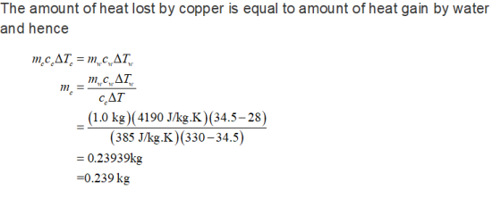 The amount of heat lost by copper is equal to amount of heat gain by water and hence CAT (1.0 kg) (4190 J/kg.K) (34.5-28) ー(3