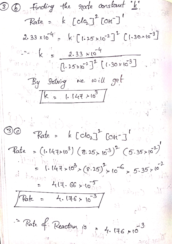 3 0 finding the rate constant k Rate = k [elen]? [on] 2. 33x104, k. [1258.602]? (1.30-103] Cork 2.33 x604 Poseba 1.25710-2.]