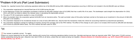 *Problem 4-04 a-b (Part Level Submission) Flounder Inc. reported income from continuing operations before tax of $2,506,000 d