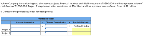 Yokam Company is considering two alternative projects. Project 1 requires an initial investment of $590,000 and has a present