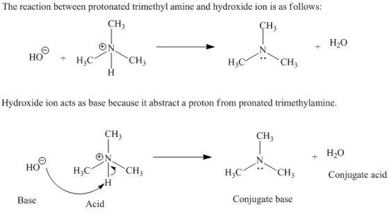 The reaction between protonated trimethyl amine and hydroxide ion is as follows: CH3 ON CH Hydroxide ion acts as base because