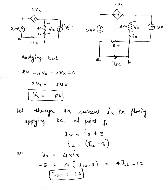 2 Va 2x + + 4u 24v 3A 24V ix Vx + k in Ise b Applying kul a Isc b -24 - 2V2 - 2Vx=0 3 Va = - PUU Vx = -8v KEL at point b in +