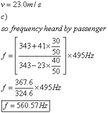 v 23.0mis c) so frequency heard by passenger 30 4+4150x495Hz 34323 367.6 324.6 50