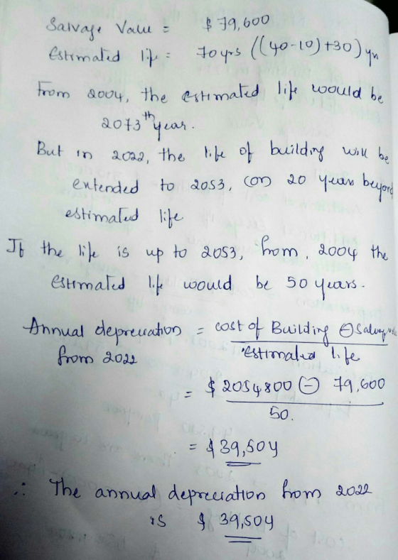 Salvage Value - $79,600 Estimated life. Toys (40-10) +30) yn From 2004, the estimated life would be 2013th year. But in 2022,