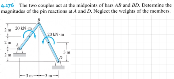 4.176 The two couples act at the midpoints of bars AB and BD. Determine the magnitudes of the pin reactions at A and D. Negle