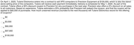 On April 1, 2020, Tulane Electronics enters into a contract to sell XPS computers to Precision Equipment at $100,000, which i