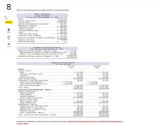 Refer to the following financial statements for Crosby Corporation: CROSBY CORPORATION Income Statement 4.5 For the Year Ende