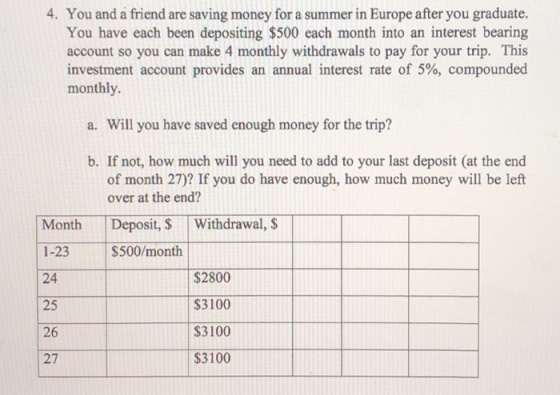 4. You and a friend are saving money for a summer in Europe after you graduate. You have each been depositing $500 each month