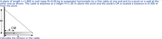 A plank of length L=1.800 m and mass M 9.00 kg is suspended horizontally by a thin cable at one end and to a pivot on a wall