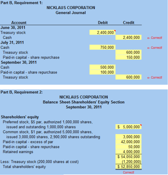 Part B, Requirement 1: NICKLAUS CORPORATION General Journal Debit Credit 2,400,000 2,400,000 - Correct 750,000 - Correct Acco