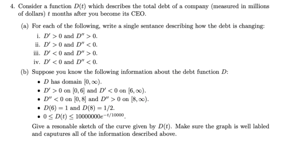 4. Consider a function D(t) which describes the total debt of a company (measured in millions of dollars) t months after you