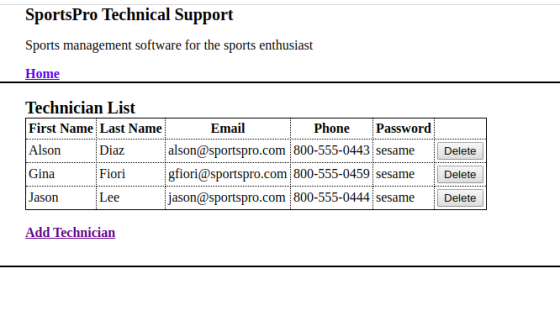 SportsPro Technical Support Sports management software for the sports enthusiast Home Technician List First Name Last Name Em