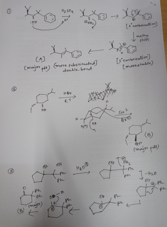 om [2 carbocation) methy shift hore substituated) double bond [3° carbocation] [morestable] tor OH 2 کے V OM 870 (B) (major p