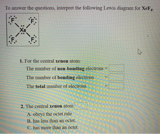 To answer the questions, interpret the following Lewis diagram for XeF4. KES QUE . BCS 23 - - 1. For the central xenon atom: