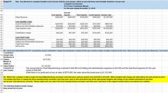102 Budget #7 103 104 105 106 Hint: You will need to compute Variable Cost of Goods Sold for each quarter, which is unit sold