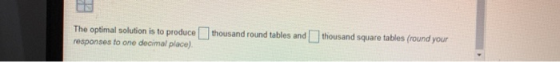 The optimal solution is to produce responses to one decimal place) thousand round tables and thousand square tables (round yo