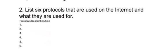2. List six protocols that are used on the Internet and what they are used for. Protocols Description/Use 2. 3. 4. 5. 6.
